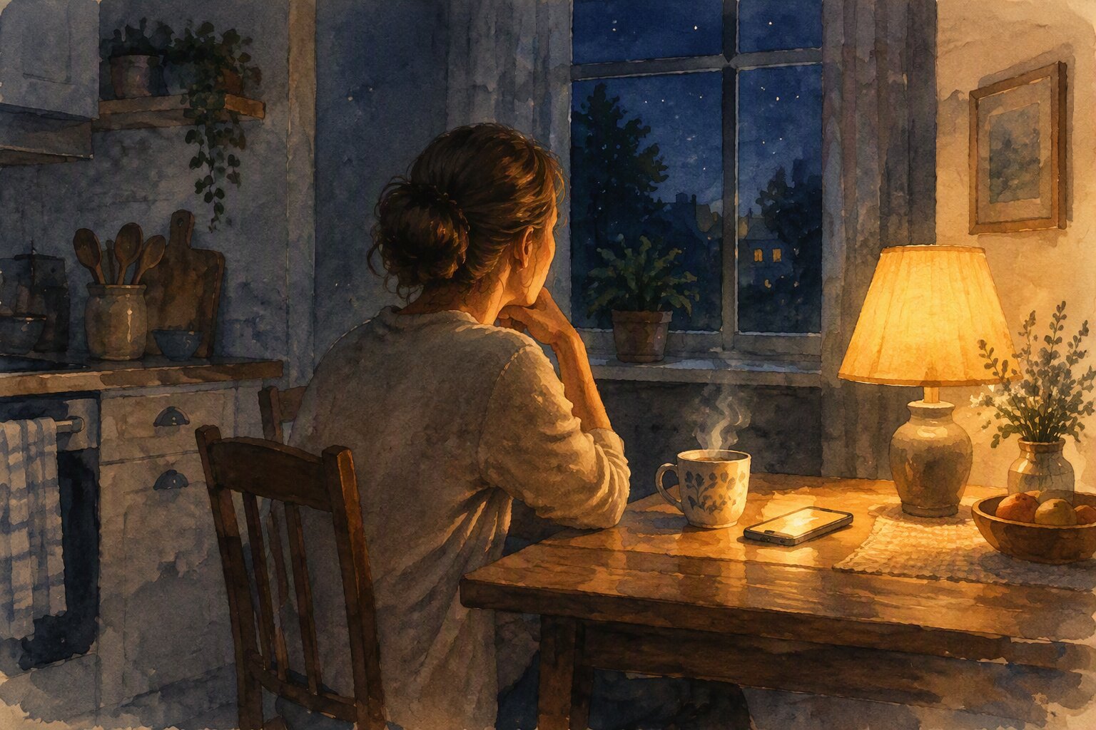 Abendküche mit dampfender Teetasse, leuchtendem Handy und warmer Lampe