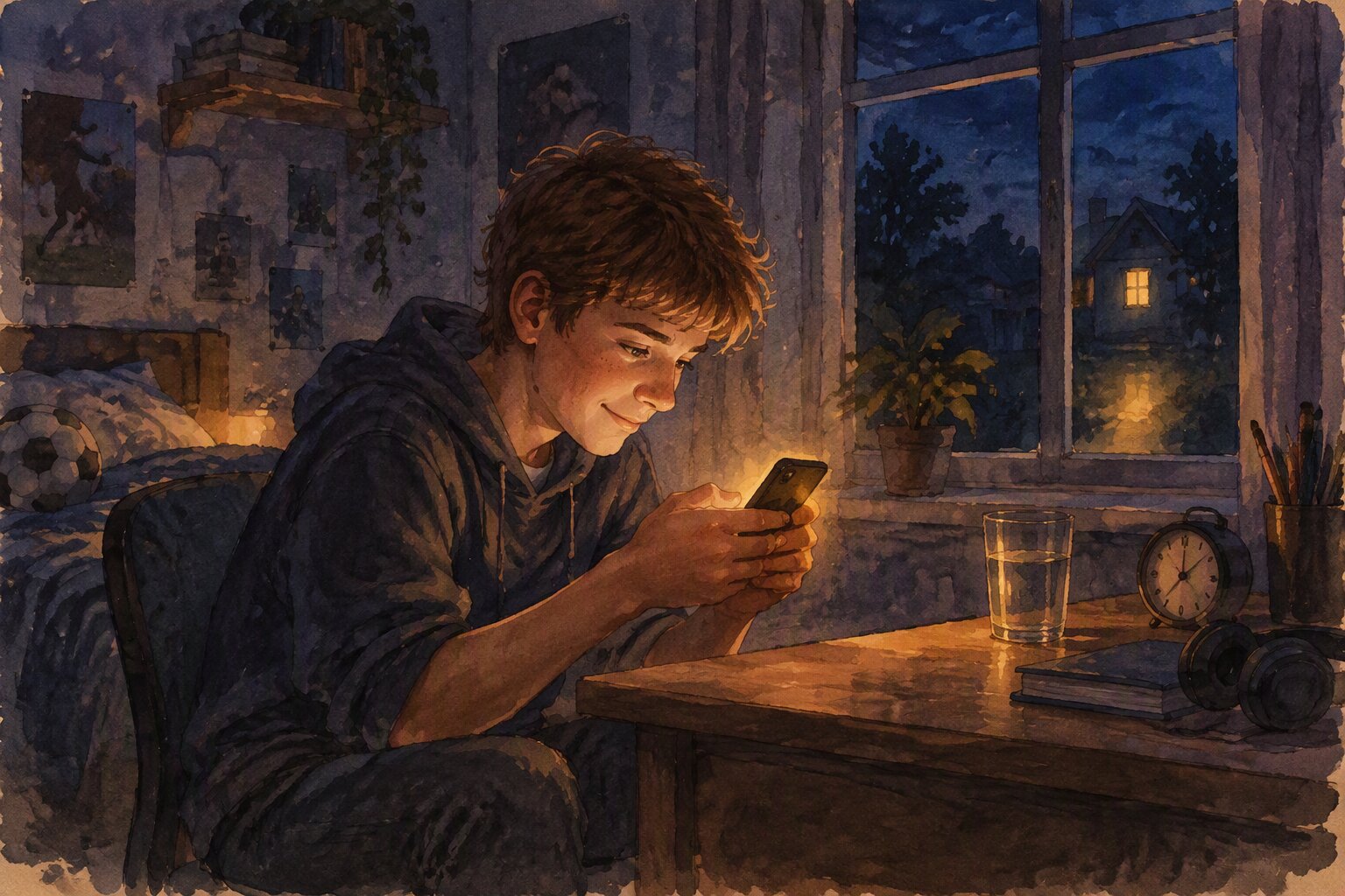 Ein Junge am Schreibtisch im Abendlicht, das Handy glüht golden