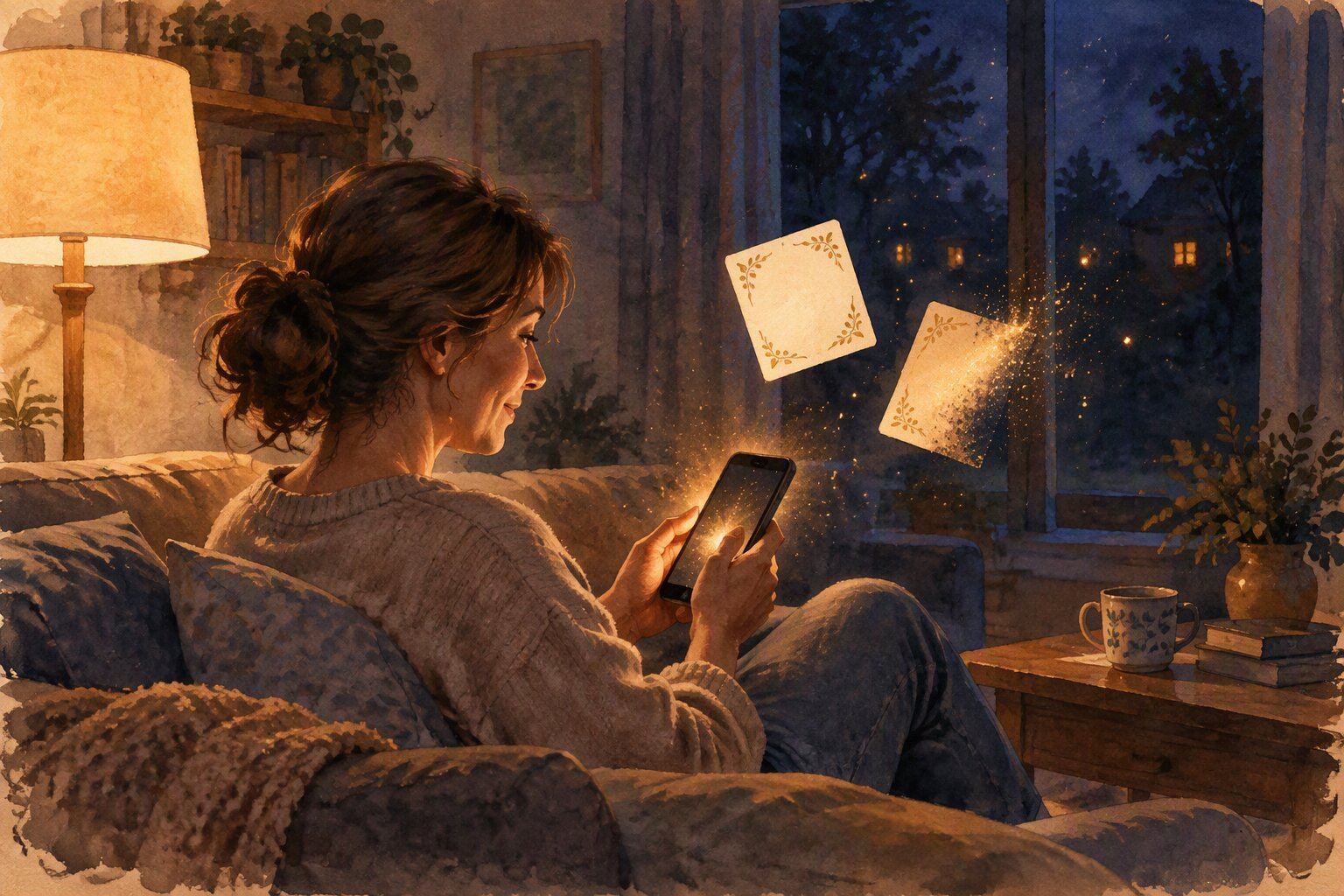 Eine Frau auf dem Sofa, vor ihr schweben zwei goldene Karten – eine leuchtet, eine löst sich in goldenes Licht auf